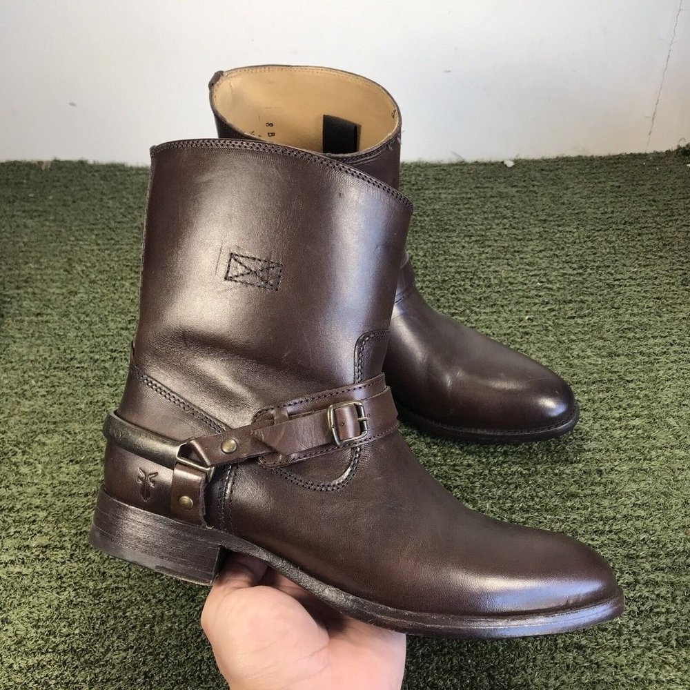 Frye Womens Motorcycle Boots Brown Leather Straps Metal Harness Mid Calf 8 B